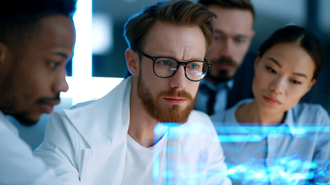 Group of diverse professionals in lab coats analyzing digital data on a holographic display in a modern office environment with blue lighting and technology