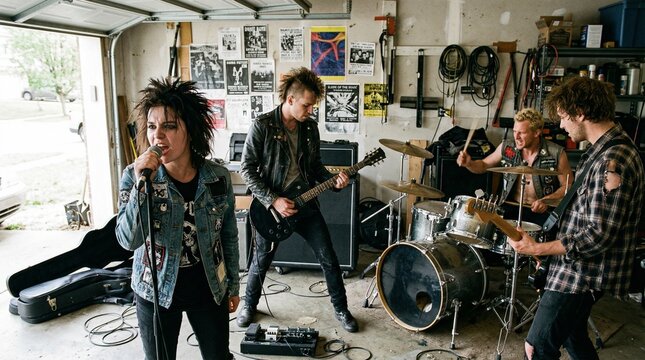 Punk band rehearsing in garage with instruments and posters on walls  