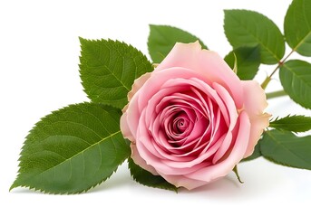 Naklejka premium Beautiful pink rose with green leaves isolated on white background