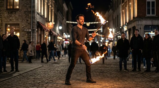 Fire juggler performing in street at night with crowd watching  