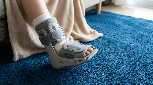 Woman wearing orthopedic walking boot on injured foot resting at home on blue carpet for recovery and medical care concept