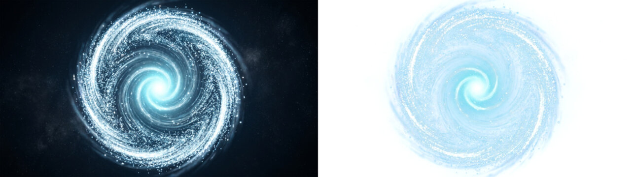 Abstract cosmic spiral galaxy with glowing stars and nebula, swirling light energy portal in deep space, bright blue vortex background isolated on transparent background
