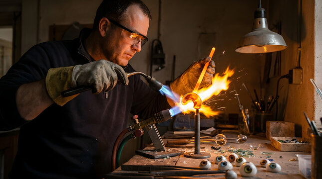 Glassblower shaping ocular prosthesis with blowpipe and torch in workshop