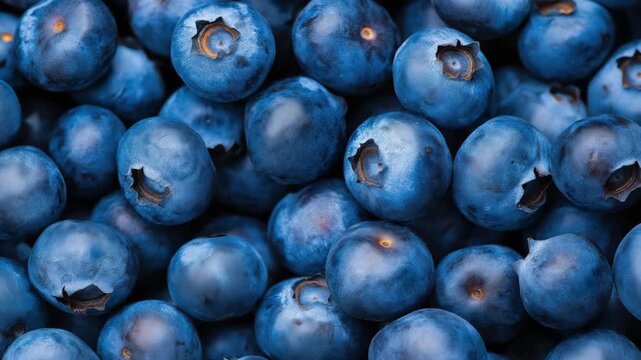 Slow motion pan close macro of fresh blueberries gently shifting and settling in bowl on kitchen tabletop during bright summer morning
