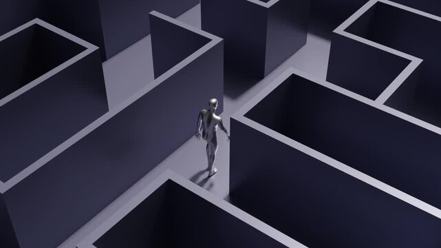 3d animation of metallic figures walks endlessly through a structured maze for VJ sets, high-tech club visuals, electronic music festivals, stage screens and for LED video walls