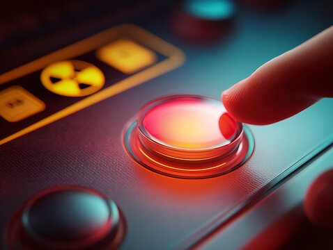 Macro of a finger hovering over a glowing red button, symbolizing nuclear escalation, the fragility of global security, and the high stakes of geopolitical deterrence.