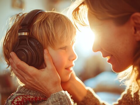 Mother comforting a child wearing noise-canceling headphones in bright sunlight. Symbolizes sensory processing disorder, neurodiversity, parental support, and safe space.