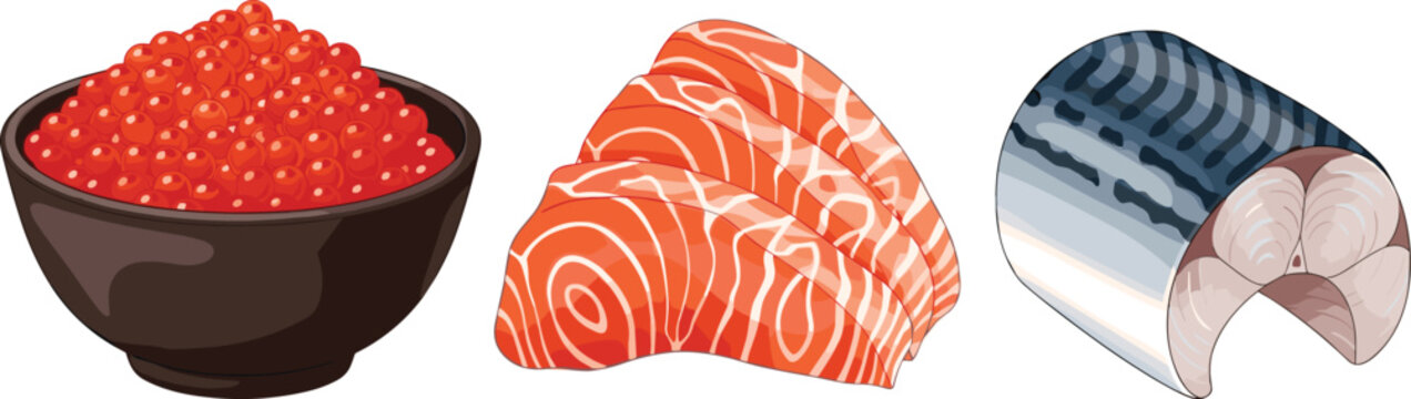 Seafood vector set. Includes salmon roe in a bowl, salmon fillet, and mackerel fillet. Isolated on white background, perfect for culinary, seafood, and restaurant illustrations.