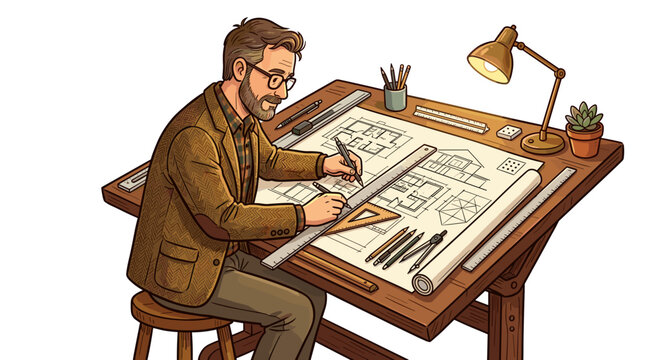 vector male architect working on blueprint plans at drafting table with model house tools and pencils