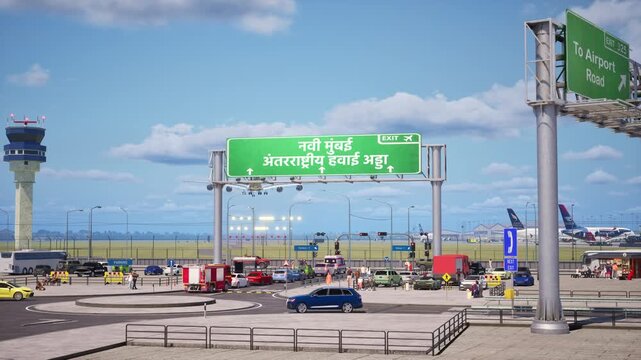 Realistic Navi Mumbai Airport Access Road with Hindi Sign