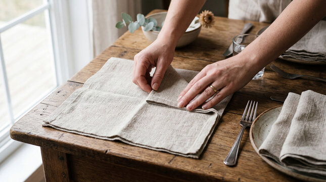 Hands folding a beige linen napkin on a wooden table set for a meal