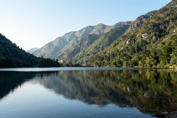 Fototapeta premium Mountain range reflected on calm lake with clear sky
