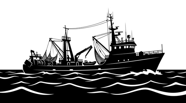 Black and white illustration of a commercial fishing trawler boat at sea.