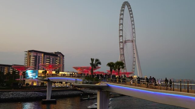 Ain Dubai wheel and Bluewaters Island bridge at evening, United Arab Emirates