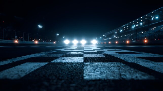 Race track starting grid with bright headlights at night under stadium lights