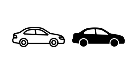 Fototapeta premium Minimalist sedan car icons, black silhouette and outline vehicle vector set, automotive symbols
