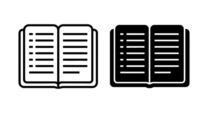 Minimalist open book icons, black outline and solid glyph book symbols, education vector set