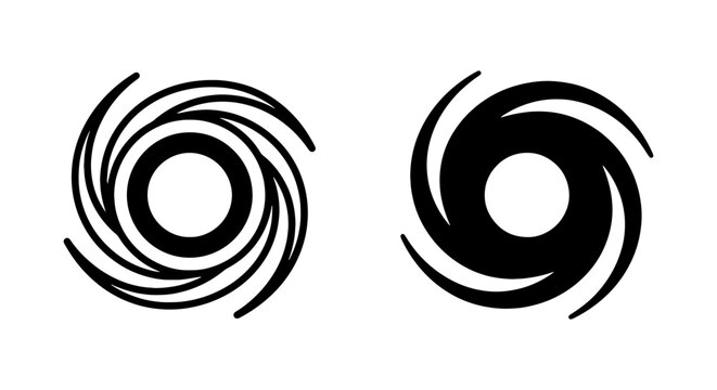 Hurricane symbol vector set, black spiral storm icons, weather forecast cyclone warning signs