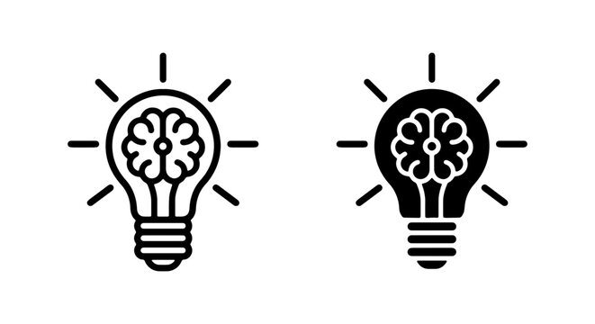 Creative brain lightbulb icons, human mind innovation concept, 2 vector line and glyph symbols