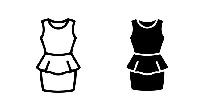 Minimalist peplum dress icons, female fashion garment vector, black and white clothing symbols