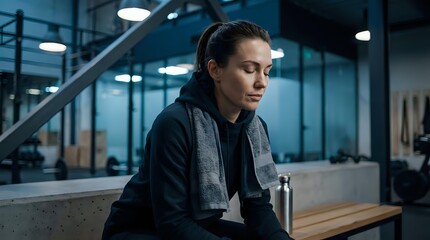 Fototapeta premium Tired businesswoman sitting alone in modern office late at night, experiencing work stress and burnout in corporate environment.