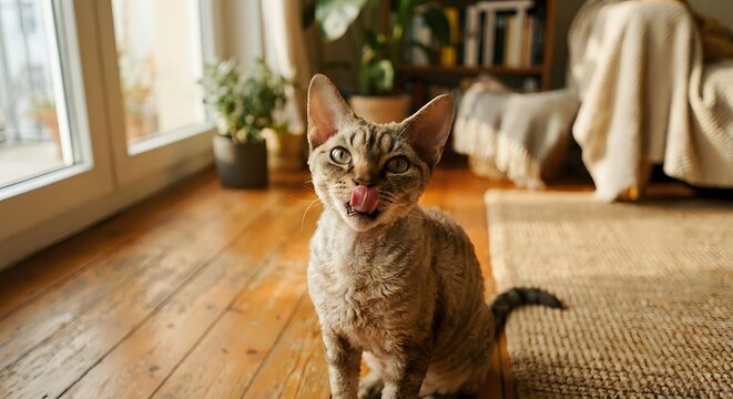 Devon Rex cat sitting on wooden floor at home, sticking out tongue with curious expression, bright living room background.