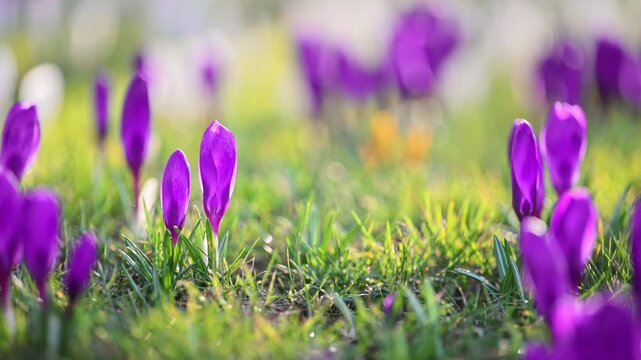Purple crocus blossoms in sunlight, fresh spring forest meadow