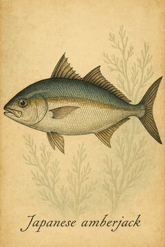 Hand-colored natural history plate featuring the Japanese amberjack