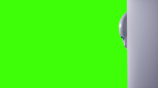 Humanoid female robot peeking from behind a white wall. Green screen background for chroma key. Text template, or title background. Technology animation