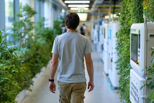 Materials engineer walking in modern textile innovation lab with plant walls and automation equipmen