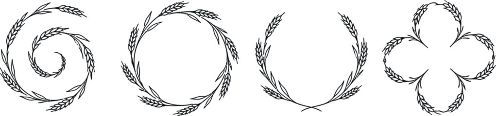 Wheat laurel wreath set, black and white illustrations © RAC.Design-Magic