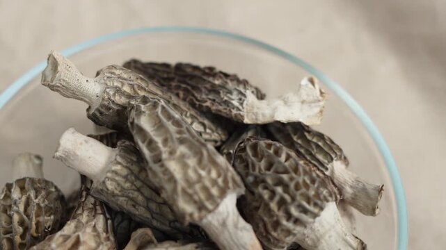 Glass bowl of dried morel mushrooms on table closeup. Gourmet products for exquisite dishes before cooking, top view.