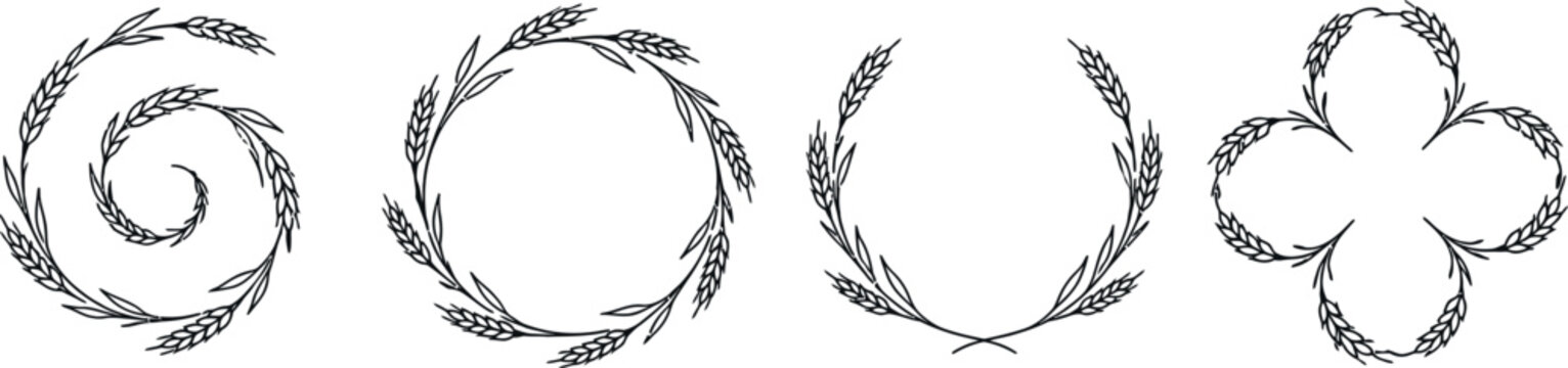 Wheat laurel wreath set, black and white illustrations