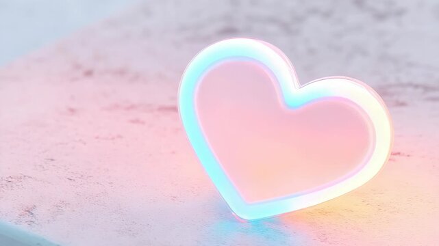 A heart-shaped light sits on a smooth surface. The light changes color as the camera captures various angles. The setting is bright and inviting, creating a warm feel