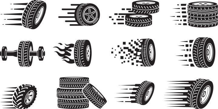 Tire icon set. Tire icons representing speed and motion for automotive applications