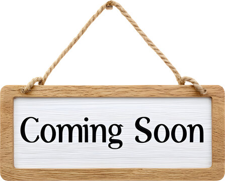 Coming Soon door sign with rope hanger for marketing and business launch, isolated graphic