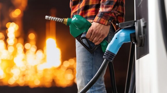 Person holding fuel nozzle refueling at gas station forecourt
