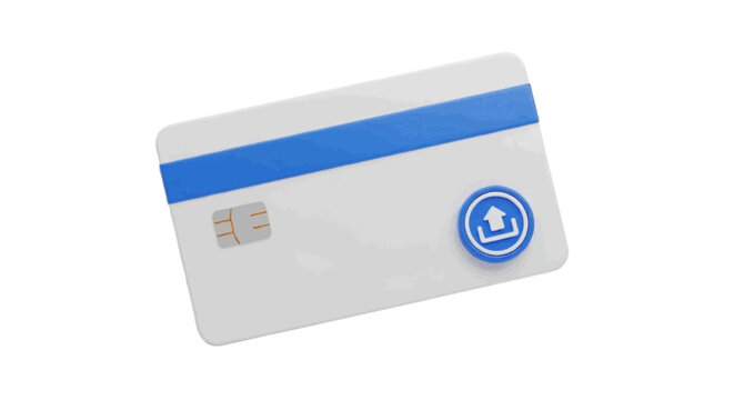 Vector illustration of 3d render of a white credit card with a blue stripe and upload icon on a transparent background