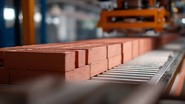 Industrial manufacturing of clay bricks on a conveyor belt in a modern factory setting, showcasing automated production for construction materials