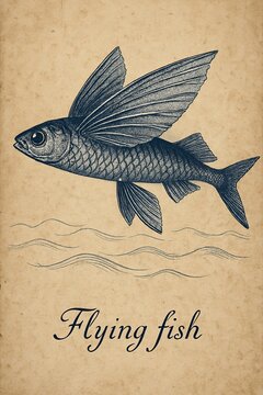 Detailed zoological plate featuring the unique anatomy of flying fish
