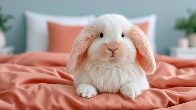 White lop rabbit sitting on coral satin bedspread in bedroom