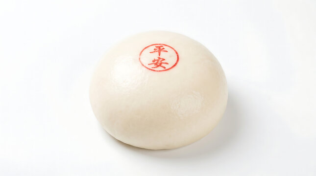 Traditional Chinese Steamed Bun with Red Peace Stamp Isolated on White Background. Ideal for Hong Kong Festival Promotion, Culinary Blogs, and Asian Culture Marketing Materials.