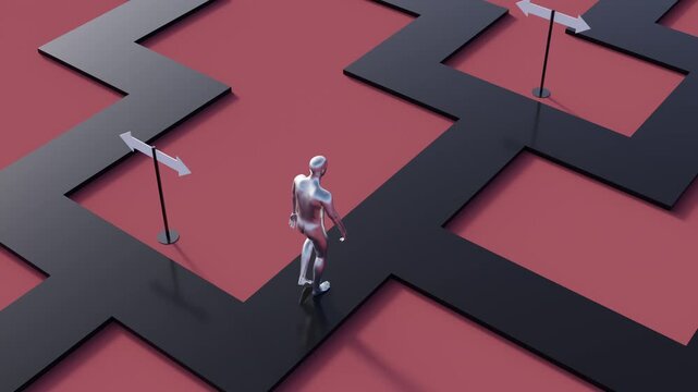 3d animation of seamless conceptual video loop of a polished chrome human figure endlessly navigating a labyrinthine elevated platform maze of choice-making paths