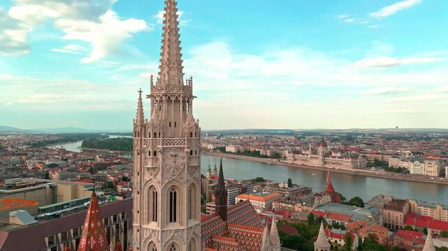 Matthias Church and Fisherman Bastion. Budapest aerial view. Budapest capital of Hungary. Budapest top cityscape panorama. Budapest skyline. Church above historic square. Church city landmark.