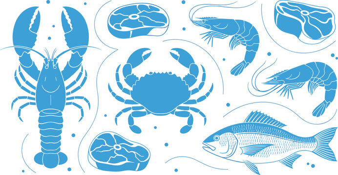 Seafood vector set with lobster, crab, shrimp, fish, and shellfish illustrations. Perfect for food-related designs, restaurant branding, and seafood menus.