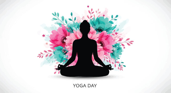 International yoga day illustration silhouette meditating with floral watercolor background