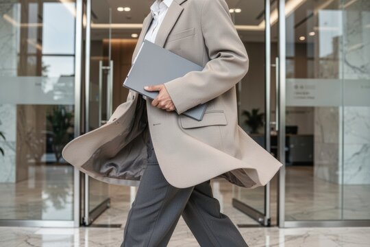 Woman walking briskly through office lobby holding laptop and portfolio