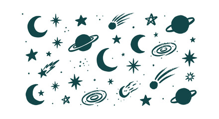 Hand-drawn cosmic space elements set featuring stars, moons, planets, comets and galaxy sketches. © Tajul