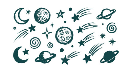 Hand-drawn space elements set with planets, stars, moons, and comets in a sketchy doodle style kit. © Tajul