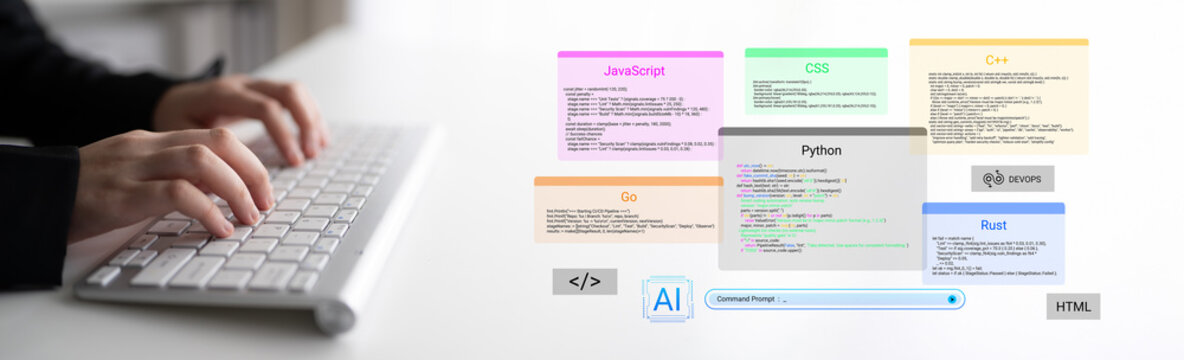A vibrant workspace showcases a person typing on a keyboard surrounded by code snippets from various programming languages, emphasizing the world of software development and innovation. Cyphers